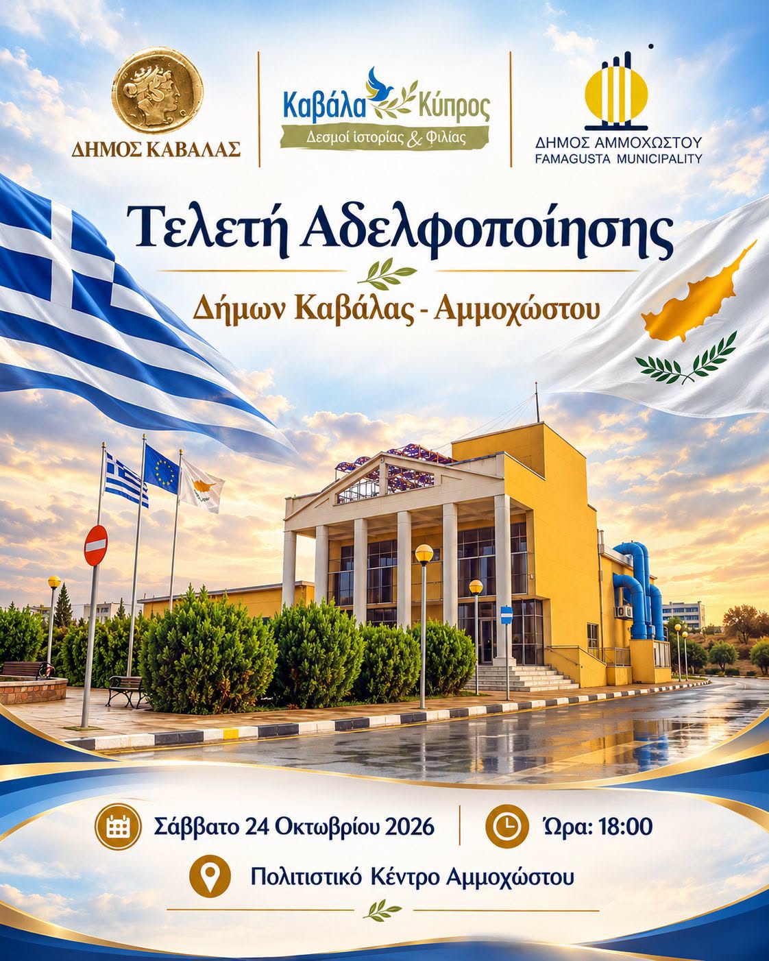 Αδελφοποίηση Καβάλας Αμμοχώστου - αφίσα της τελετής στο Πολιτιστικό Κέντρο Αμμοχώστου, 24/10/2026