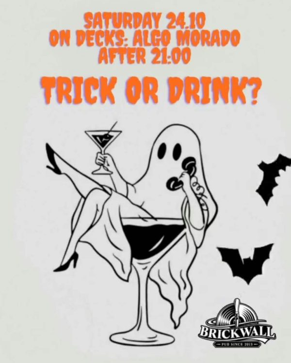 Halloween events στην Καβάλα: αφίσα της βραδιάς Trick or Drink με τον Algo Morado στην Brickwall Pub